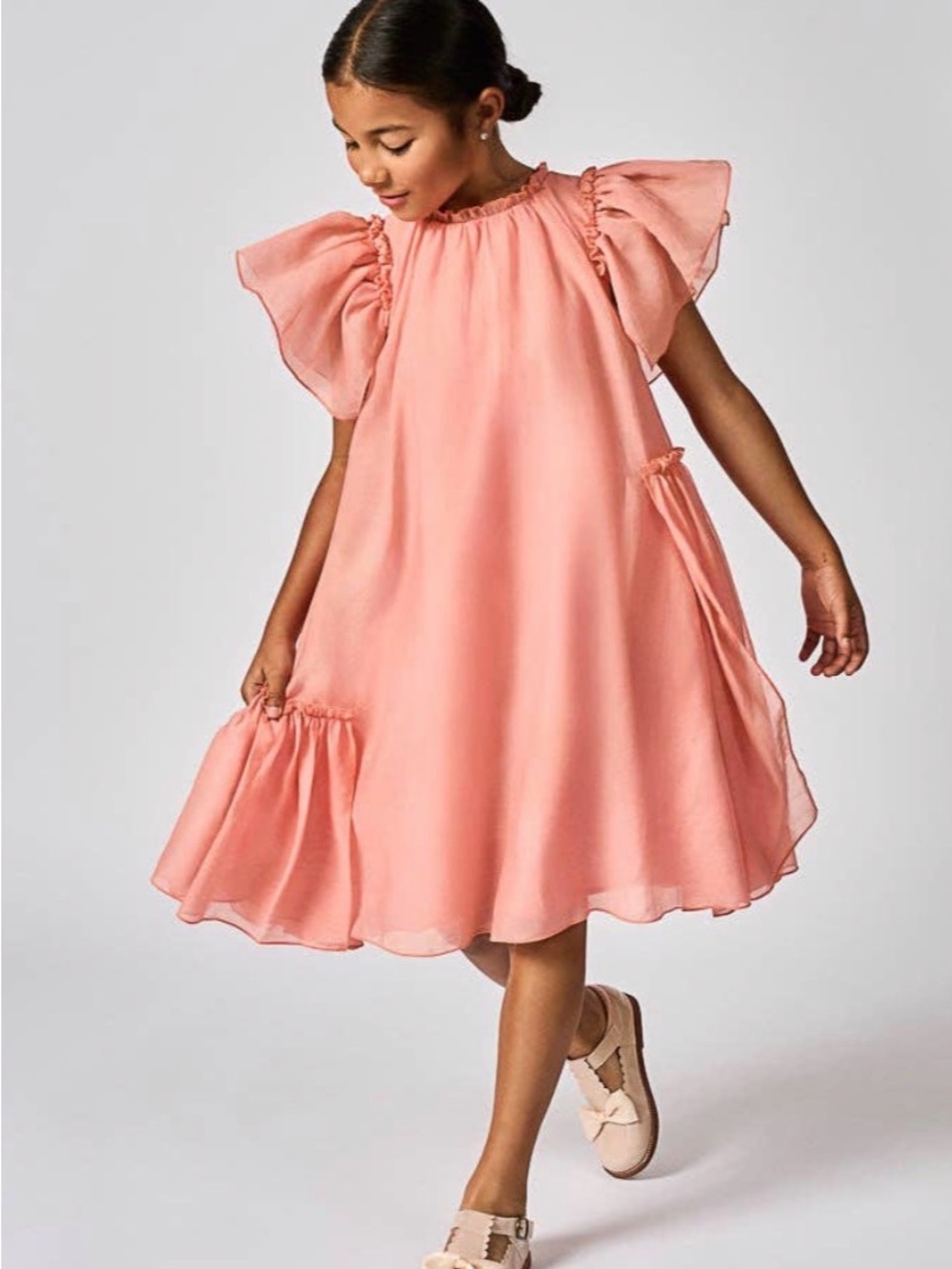 Girls' Peach Flutter-Sleeve Chiffon Dress
